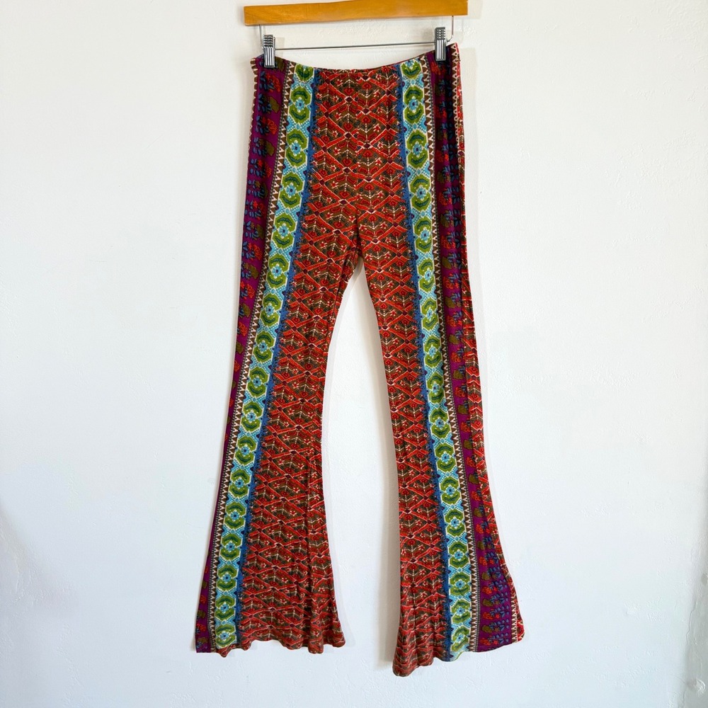 RAGA Bell Bottom Pants M Patchwork Print Boho Hippie 70s Festival Flare Retro